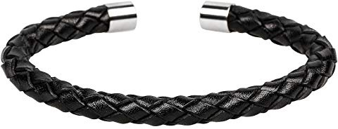 MENDOZZA Herren Armreif Leder Armband Edelstahl Männer-Schmuck Bangle Größenverstellbar (Schwarz-Silber, 17.5)