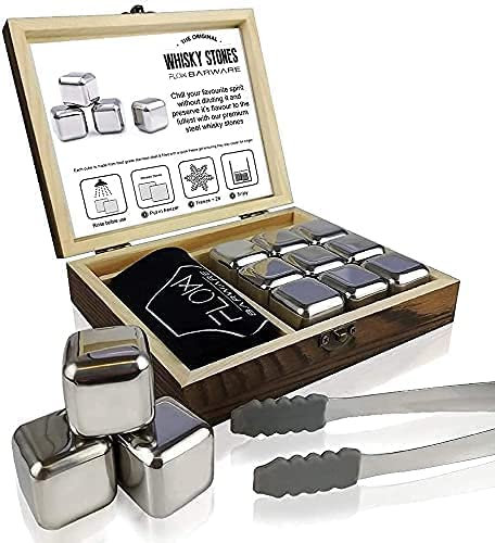 FLOW Barware Whisky Stones Gift Set | Stainless Steel Metal Ice Cubes | Whiskey Stones With Tongs & Wooden Box, For Men Drink Whisky Ice Cubes in Silver