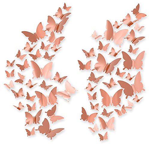 60pcs Schmetterlinge 3D, CAYUDEN 3D Spiegel Wandaufkleber Schmetterlinge DIY Wanddeko Aufkleber 3D Schmetterlinge zum Kleben Wandsticker für Party Dekoration, Hochzeit, Kuchen, Wohnkultur(Roségold)