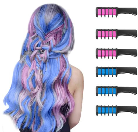 6 Stück Haarkreide Kamm Temporäre Färben HaarfarbeKamm Auswaschbar Ungiftig Perfektes für Mädchen Erwachsene Party Geschenk Halloween Erntedankfest Weihnachten Neujahr Cosplay(Rosa+Blau)