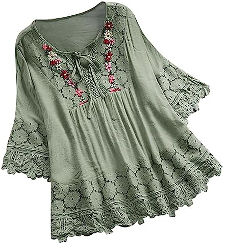 WINDEHAO Blusa de lino y algodón para mujer, tallas grandes, tallas S-5XL, elegantes camisas de encaje con flores bordadas, blusas con cordones huecos (verde, XL)