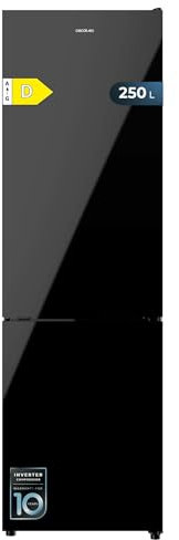 Cecotec Frigorífico Combi Bolero CoolMarket Combi 250 Black Glass D. Compresor Inverter Plus, Cristal Negro 180X55Cm, 250L, No Frost, Clase D, Multi Air Flow, Fast Cooling Y Cajón Humidity Box