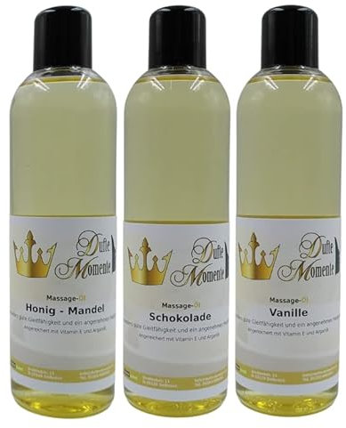 Dufte Momente Massageöl Set 3 × 250 ml – Schokolade, Honig-Mandel & Vanille – sinnlich & pflegend – Pflanzenölbasis – Wellness & Geschenkidee – vegan & Made in Germany