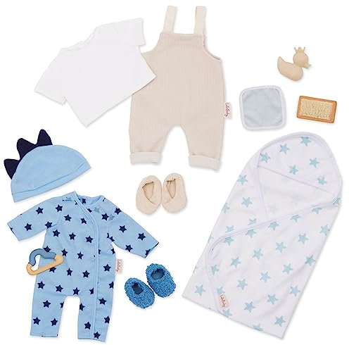 LullaBaby - Baby-Puppen-Kleidungsset - 13-teiliges Mode-Set - Baby-Puppen-Kleidung - Pyjama, Pullover und Badezubehör - Fantasievolles Spiel - Spielzeug für Kinder ab 2 Jahren