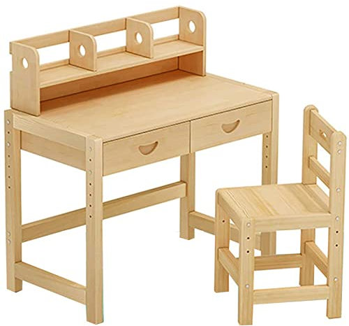 ZUMAHA Stabil Massivholz-Kinderschreibtisch und Stuhl-Set, multifunktionaler Kinderschreibtisch, ergonomischer Schreibtisch mit 2 Schubladen und Bücherregal Flexibel