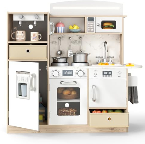 Costzon Kids Kitchen Playset, Wooden Little Chef Pretend Play Kitchen with Deluxe LED Lights, Ice Maker, Oven, Washing Machine, Play Phone, Toddler Kitchen Toy Set for Boys & Girls 3+