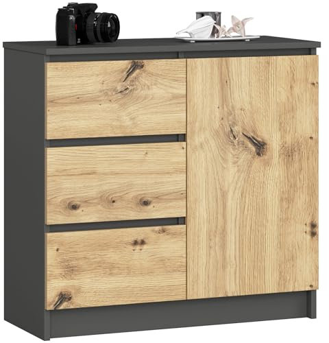 AKORD Cómoda Jerry | Cajonero con 1 Puerta 3 Cajones 2 Estantes | Credenza Alta 80 cm | 80x35x77 cm | Gris Grafito & Roble Artisan Frente