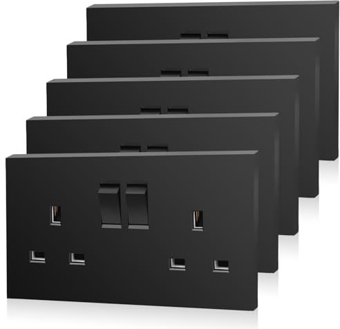 5 Pack CNBINGO Double Switched Power Socket, Electric Power Socket 2 Gang 13 Amp, Black Double Wall Outlet | 2 Gang 13 Amp Electric Power Socket, Switch Control Power, UK standard, Screwless, Matt Panel, Easy DIY Install