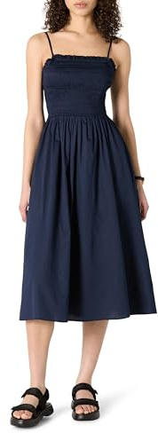 Amazon Essentials Robe à Corsage Smocké en Satin de Coton, Coupe Classique Femme, Bleu Marine, M