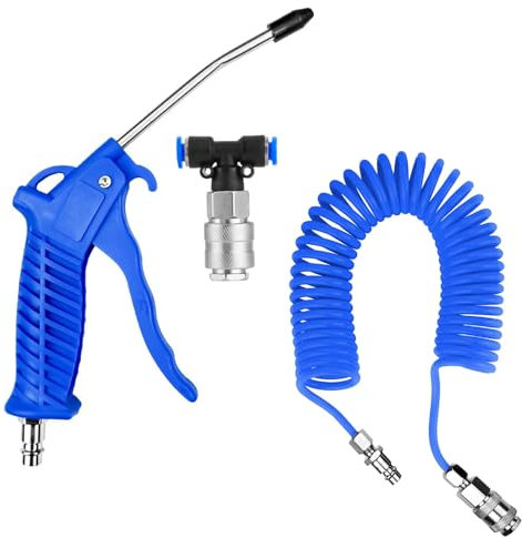 Pistola de aire comprimido para camiones, con manguera en espiral de 5 m, pistola de soplado con pieza en T de acoplamiento rápido, para camiones, coches, barcos, color azul