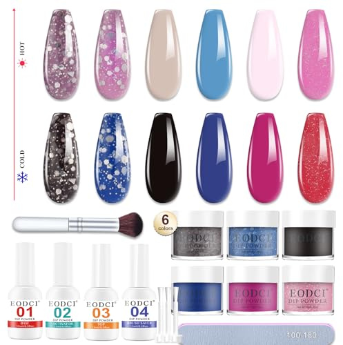 eodci 6 colori Dip Powder Kit Completo, Polvere per Unghie Cambianti, Sistema French Nail Art Manicure, Polvere per Unghie con Liquido Base Top Coat, Attivatore, Brush Saver