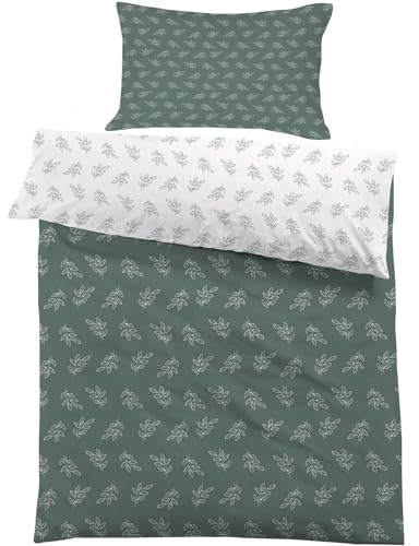 Parure de lit pour Enfant Feuilles Vert Foncé, Housse de Couette 100x135 cm Branches Blanc et Taie d'oreiller 40x60 cm Réversible Ensemble de Literie Linge de Lit pour Tout-Petits