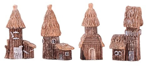 Set di 4 casette da giardino fatate in miniatura, realizzate a mano, in resina, con finitura rustica in legno, ideale per giardini, terrazze, bonsai e terrari
