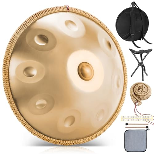 BIILOYY Handpan Instrument 432 Hz,9 Töne 22 Zoll Handpan Drum,Hand Pan in d-Moll,Gold Performer Zungentrommel mit Tasche,Schlägel,Ständer,für Anfänger,Profis,Musiktherapie (Gold, 9 Töne 432 Hz)