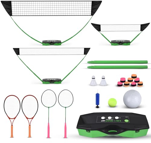 Badminton Set,Volleyball Set,Tennis Set with Storage Base.for Gatherings with Friends,Backyard Fun,Beach outings,Grassy Fields,and Other Outdoor Activities.Complete 3-in-1 Accessory Set.