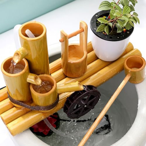 Fontana d'acqua in bambù con pompa, decorazione da giardino zen per interni ed esterni, atmosfera tranquilla, design in bambù naturale, essenziale per rilassamento e meditazione