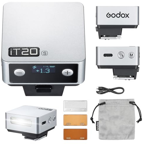 Godox iT20 S iT20-S TTL-Blitz für Sony, 700-fach-Blitzleistung, 1,5 s Blitzzeit, eingebauter Lithium-Akku, Mini-Blitzgerät mit Farbfiltern (Silber)