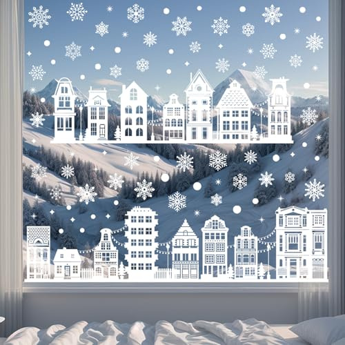 CHAOTEMAI 9 Blatt Fensterfolie Weihnachten Beidseitiger Druck Fensterbilder Weihnachten Haus Schneeflocken Winter Fensterbilder Fensteraufkleber Weiß für Event-Layout Alltagsdekoration Schaufenster
