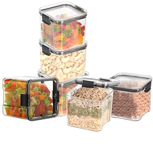 STL Food Storage Containers with Lids, Airtight Plastic Kitchen Storage Containers With Locking Clips, BPA Free, Clear Kitchen Container For Dry Food, Flour (6, Black, 700ml)