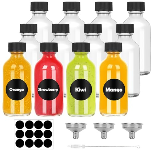 Withosent Shot Flaschen zum Befüllen - 12 x 60 ml Mini Glasflaschen - Kleine Flaschen zum Befüllen mit Saft, Likör & Ingwer - Shotgläser mit Deckel, Reinigungsbürste, Stift, Trichter & 12 Etiketten