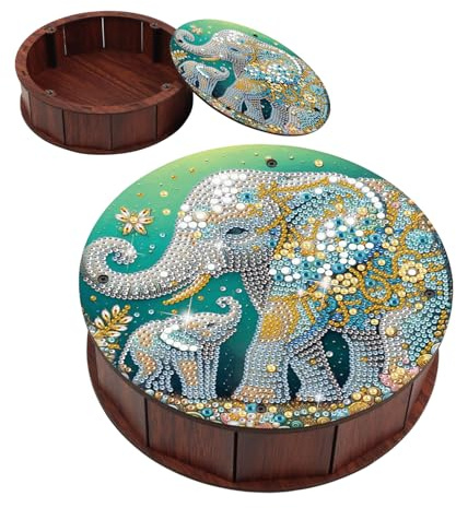 JICFDAO 5D diamantmålning rund snacksbehållare 19,8 x 5,7 cm diamant målning mellanmålslåda förvaringslåda snackslåda matlåda trälåda med lock skrivbordsorganisatör för skrivbord hem elefant