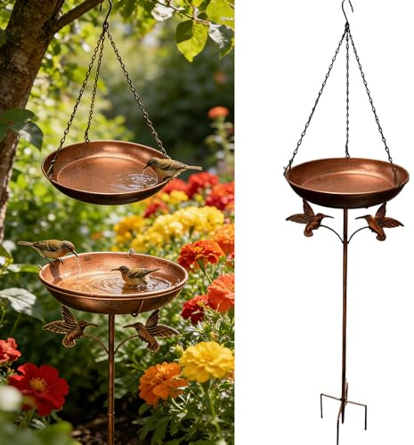 Beafaeur Vogeltränke,Vogeltränke Stehend und Vogelbad Hängend(∅ 24cm),Mit 5-Fuß-Sockel zur Kippschutz und Kette,Metall Vögel Wassertränke,Vogelfutterspender Groß für Wildvögel im Garten(Antike Bronze)