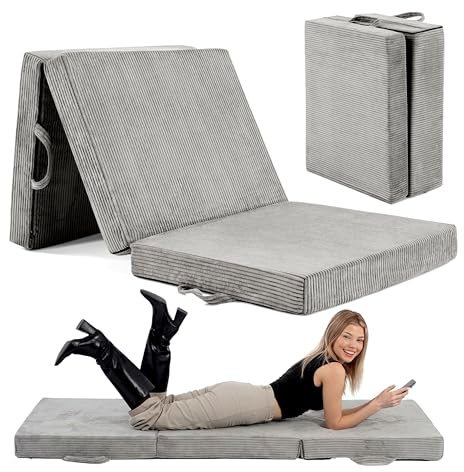 SLIPIO Colchón plegable, colchón de invitados, colchón plegable de 3 piezas, espuma extragruesa, lavable, cubo de disco, plegable, colchón para adultos (gris, 90 x 200 cm, 15 cm de alto)