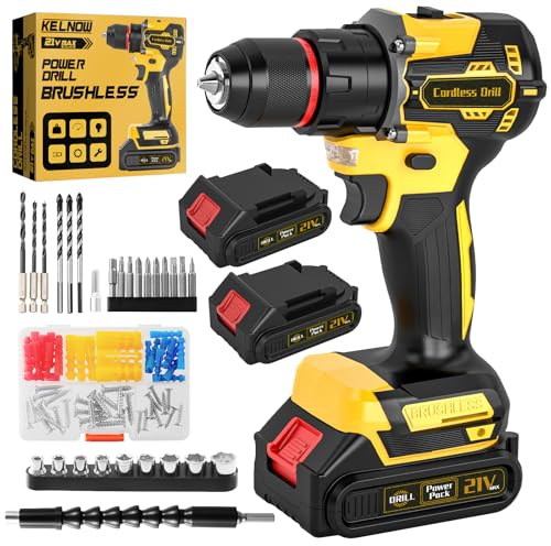 Perceuse Visseuse Sans Fil Brushless 21V, Perceuse Percussion 60 Nm, 2 Batteries 2.0Ah, Mandrin Métal 10 mm, 2 Vitesses 25+3 Couples, Visseuse Dévisseuse avec 87 Accessoires Bricolage (Jaune)