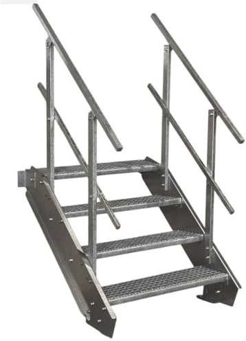SRM Design 4 Stufen Stahltreppe Breite 100 cm verzinkt 2X Geländer | Geschosshöhe 55 - 85 cm feuerverzinkt Robuste Außentreppe Wangentreppe Stabile Industrietreppe Außenbereich