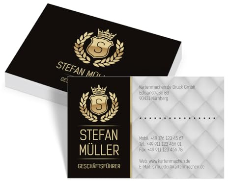 Personalisierte Visitenkarten 100 bis 2.500 Stück VIP Schwarz Gold individuell selbst gestalten mit eigenem Text und Initialen, dickes 300g/qm Papier, 85x55mm, beidseitiger Druck