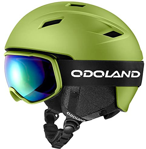 Odoland Skihelm und Skibrille Set, Snowboardhelm mit Snowboardbrille für Erwachsene, Schneebrille UV 400 Schutz Windwiderstand Snowboard Brille zum Skifahren und Bergsteigen Mattes Grün S