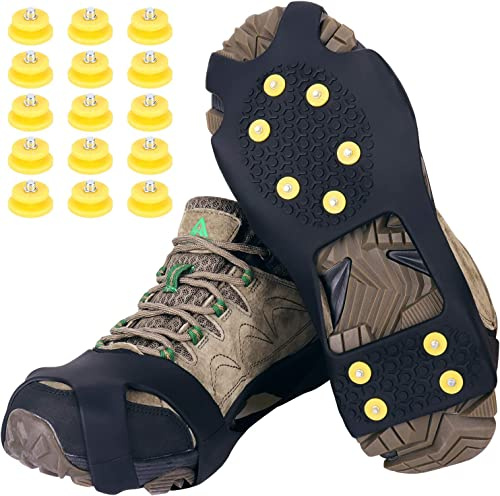 Ice Snow Grips,Anti Slip Winter Ice Grippers Snow Traction Cleats Crampons Spikers Ice Traction Slip on Boots Shoes Cover Fit for Hiking Fishing Climbing With 15-Pack Spare Snow Spikes (Schwarz, XL)