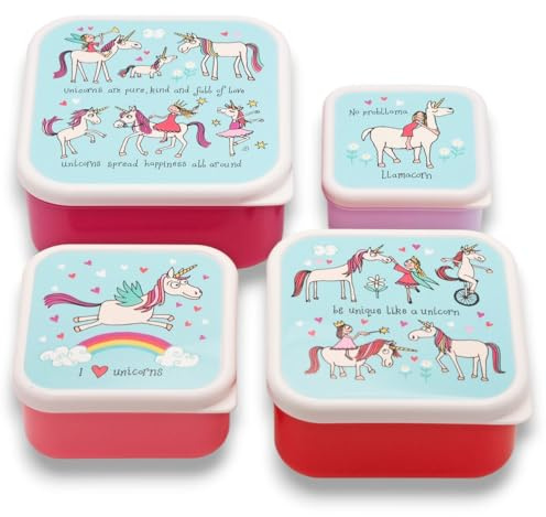 Tyrrell Katz Kids Snack Boxes with Unicorn Print - Children's 4 Piece Set - Freezer Safe Square Food Storage Containers