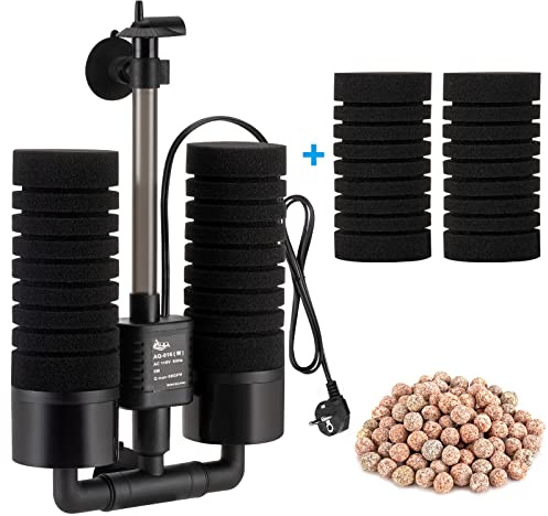 AQQA Filtro a doppia spugna per acquario, 3W/5W Filtro elettrico silenzioso in schiuma
