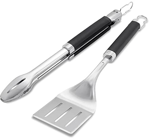 Weber Precision Tongs & Spatula Grilling Tool Set – Stainless Steel BBQ Tools with Hands‑Free Locking Tongs, 3‑Sided Beveled Spatula, Non‑Slip Soft‑Touch Handles