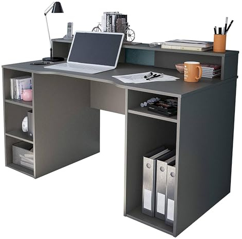 Dmora - Scrivania Phoenix, Scrittoio multifunzione moderno da Gaming, Tavolo da studio porta PC e porta CD, Tavolo da studio con ripiani, 136x67h88 cm, Antracite