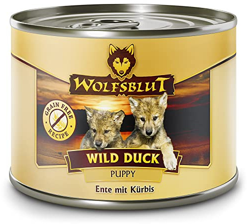 WOLFSBLUT – Wild Duck Puppy | Nassfutter mit natürlichen Zutaten und wertvollen Superfoods für heranwachsende Hunde. Getreidefreies Alleinfutter ohne Zusatzstoffe in der Dose | 6x200g Ente