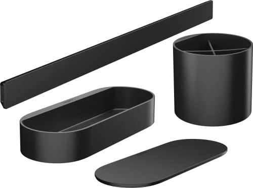 hansgrohe WallStoris - Badezimmerset, Zubehör Set für das Bad ohne bohren, 4-teilig, Wandstange, Ablagekorb, Deckel, Zahnputzbecher, Badezimmer Zubehör, Mattschwarz, 27968670