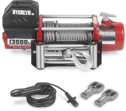 Stealth Winches V2 13500lb Wireless Recovery Budget Argano elettrico ad alta potenza, ingranaggi in acciaio, solenoide sigillato per impieghi gravosi, 2 telecomandi wireless, 12 Volt - Corda d'acciaio