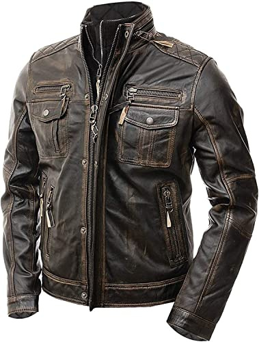 Suiting Style Giacca da motociclista da uomo, stile vintage, marrone, effetto invecchiato, cafe racer, multitasche, in vera pelle, slim fit, Marrone, M