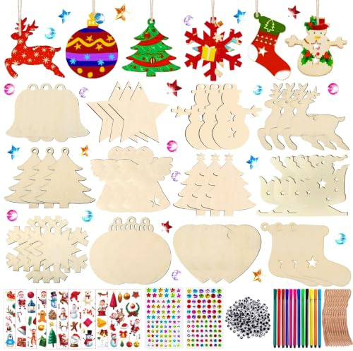 324 Stück Holz Weihnachtsbaumanhänger Bastelset, Weihnachtsbasteln Set Kinder, Ornamenten für Weihnachtsbaum, Holz Weihnachtsdeko Anhänger, Holzanhänger Weihnachten Zum Bemalen