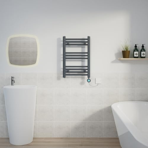 Warmehaus Electric Thermostatic Towel Radiators Straight Grey 600x400mm | Timer, Prefilled, LCD Display, Child Lock, Dual Fuel, Mild Steel, Wall Mounted, Bathroom Ladder Towel Warmer