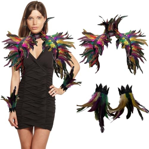Gothic Feder Achselzucken Schal Poncho mit Manschette Halloween Party Kostüm Epauletten Shrug Kragen, Damen Feder Umhang Cape Federboa Schal für Halloween Cosplay Fasching Kostüm