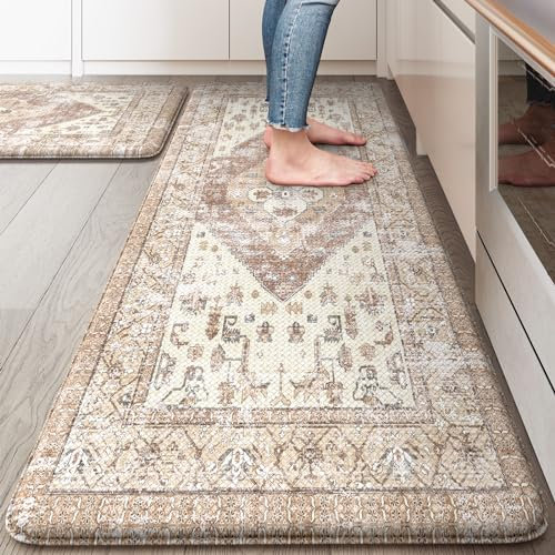 KIMODE Küchenmatte, Bauernhaus-Küchenteppich-Set, rutschfest, wasserdicht, ergonomisch, gepolstert, Stehmatte für Waschbecken, Wäsche, Schreibtisch, Khaki, 50,8 x 119,4 cm + 50,8 x 81,3 cm, 2 Stück