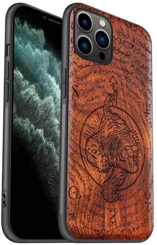 Carveit Coque en Bois pour iPhone 11 Pro Étui Protection Artistique Cover TPU Souple de téléphone Antichoc Compatible avec Apple 11 Pro Etui (Rosé-La Descente du Tigre)