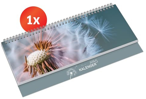 PRIMUS PRINT Tischkalender 2025 Quer Wochenkalender – Terminkalender und Jahreskalender – 297x130mm, 75g Naturpapier, 64 Seiten, Drahtkammbindung, Feiertage und Schulferien - [Einzeln - Pusteblume]