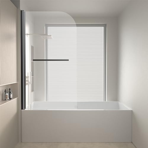 Frameless Shower Door for Bathtub 31 W x 55 H, Clear Tempered Glass Screen with Towel Bar, Hinged 180 Degree Pivot, Matte Black Finish – Bathroom Door