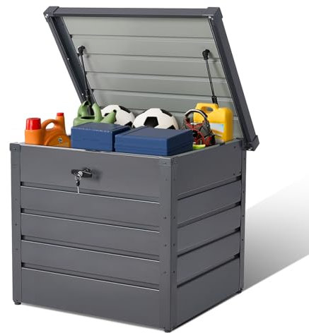 DKIEI 200L Metal Garden Storage Box, Outdoor Storage Box Waterproof, Lockable Outside Storage Box with Lid, Black Storage Container for Garden Tools, Toys, Cushion, Pillow, 72x62x63 cm