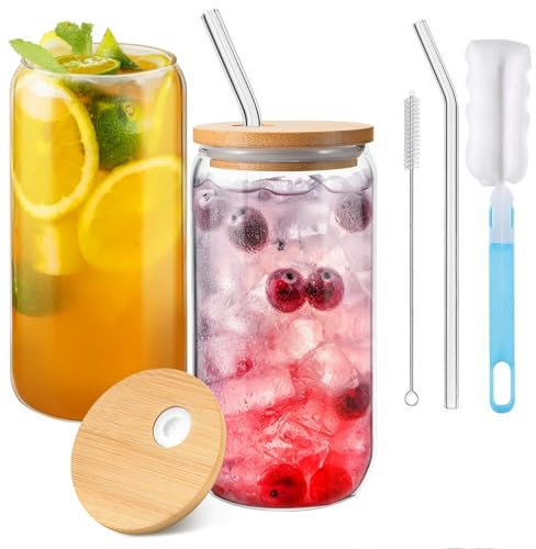 Eidoct 2 Empty 500ml Can Shaped Glasses, Can Shaped Glasses with Airtight Bamboo Lids, Glass Straws & Straw Cleaning Brush, Iced Coffee Glass for Smoothies, Beer, Parties, BBQ