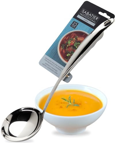 Sabatier Professional Large Metal Ladle - Mirror Polished Stainless Steel. Strong Kitchen Cooking Utensil Tool. Perfect for Serving Soups, Sauces and Stews. 25 Year Guarantee, Dishwasher Safe